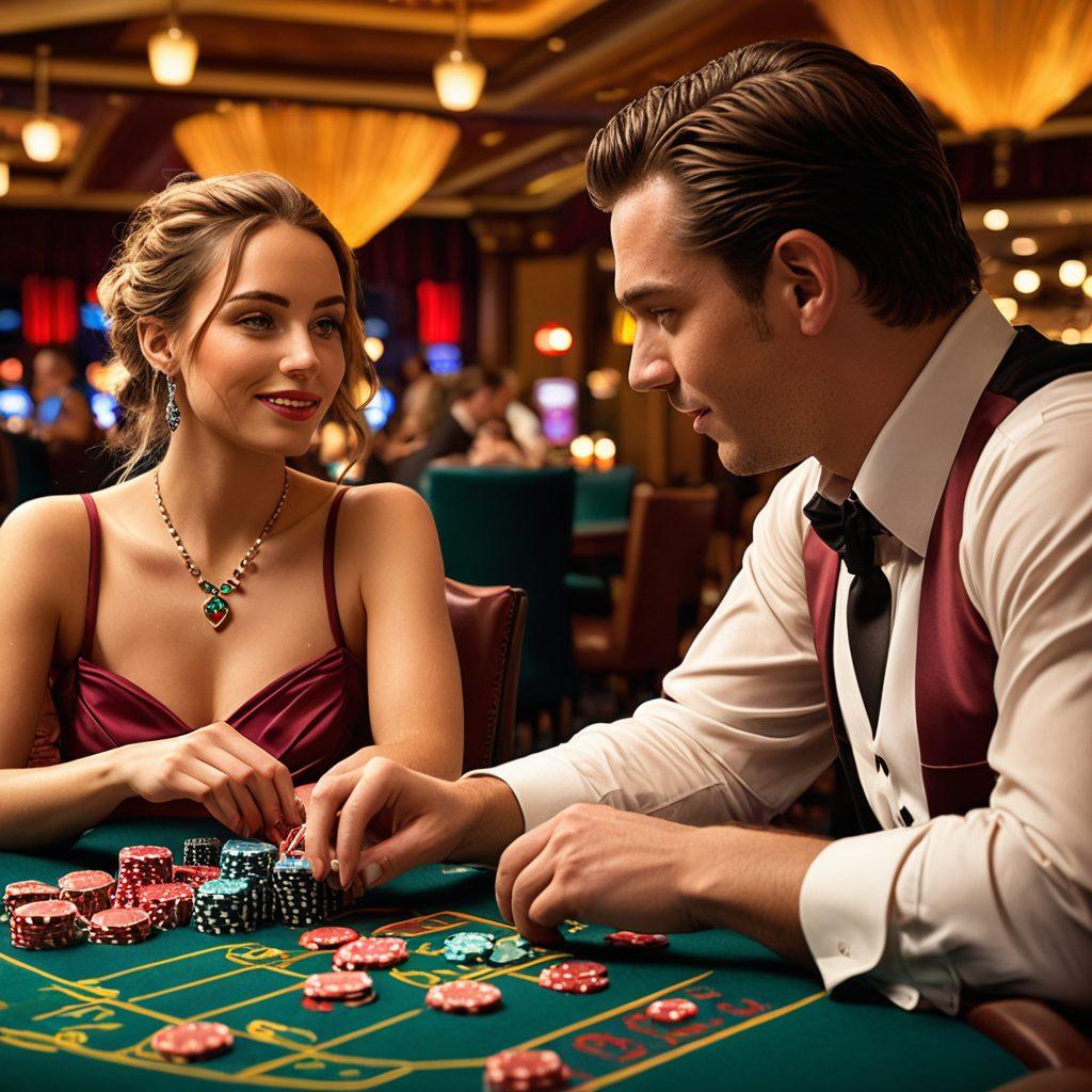 A captivating split scene depicting the essence of romance on one side, with a couple enjoying a candlelit dinner, surrounded by hearts and soft candlelight, and on the other side, an exciting casino atmosphere filled with vibrant slot machines, poker tables, and colorful chips. Overlay images of financial graphs and dollar signs to symbolize financial safety in betting. The entire image should communicate a seamless transition between romantic ventures and thrilling casino adventures. vibrant colors. 3D.