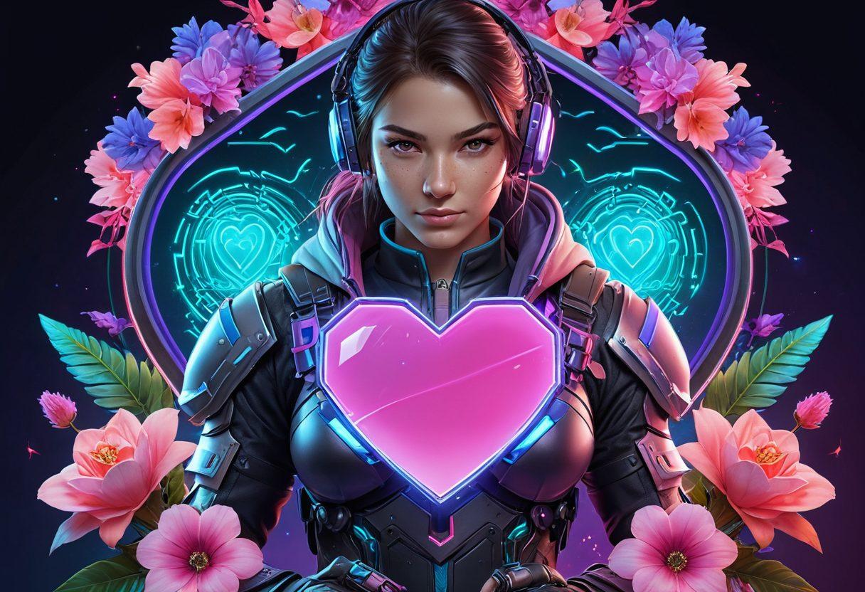 A visually intriguing split image depicting love and gaming as intertwined themes: on one side, a heart encased in a shield representing love insurance, adorned with delicate flowers; on the other side, a digital world showcasing a gamer in action, surrounded by protective gear and icons of safety. The background should blend soft romantic hues with vibrant gaming colors, creating a sense of harmony between both worlds. super-realistic. vibrant colors. 3D.