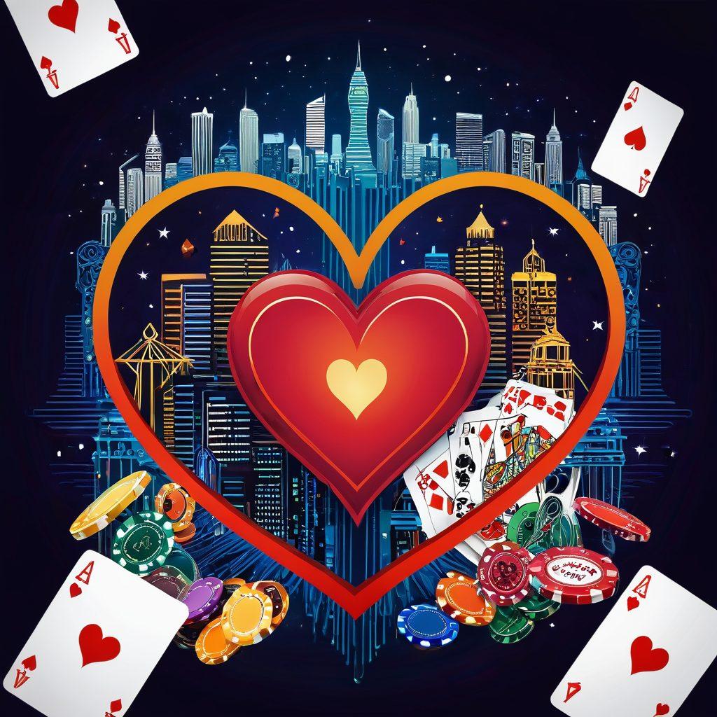 An artistic representation showcasing a blend of love and safety symbols: a heart intertwined with a lock, surrounded by vibrant playing cards and casino chips. In the background, subtle imagery of a city skyline at night, symbolizing nightlife and excitement. The scene conveys a sense of security in love and gambling, with warm, inviting colors. vector art. vibrant colors. white background.